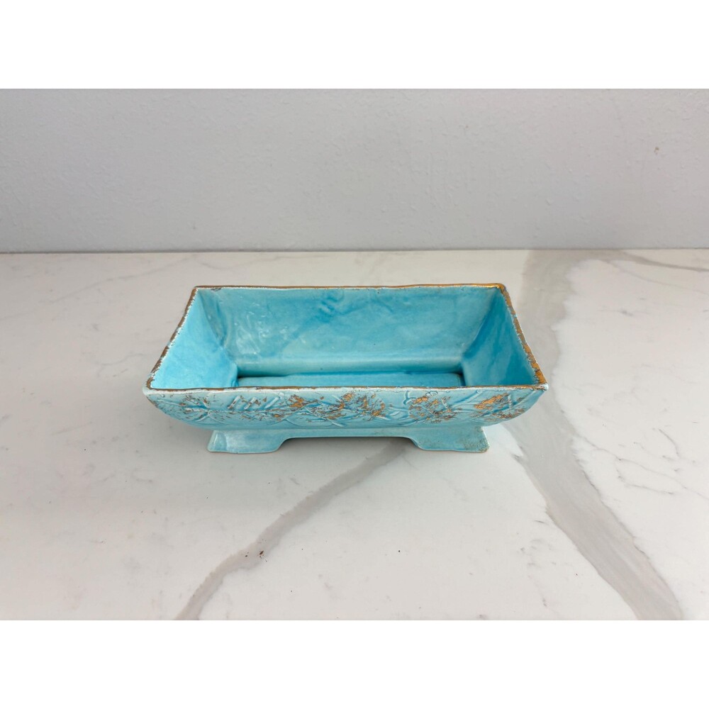 Vintage Blue Rectangular Ceramic Dish Planter Leaf Design Gold Accents & Rim